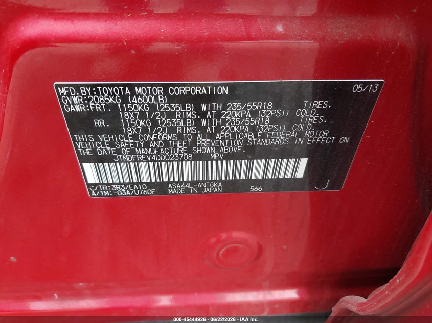 2013 Toyota VIN JTMDFREV4DD023708 IAAI salvage auction — FRONT END, Salvage (Pennsylvania), sold $4,450 on 2026-07-14 (photo 9)