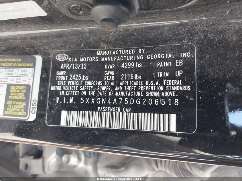 2013 Kia Optima VIN 5XXGN4A75DG206518 IAAI salvage auction — ROLLOVER, Salvage (Montana), sold $200 on 2026-07-29 (photo 9)