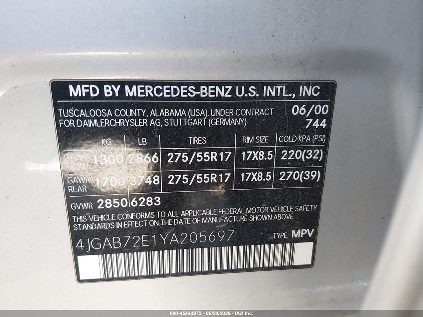 2000 Mercedes-benz Ml-class VIN 4JGAB72E1YA205697 IAAI salvage auction — NORMAL WEAR, Regular (Nevada), sold $150 on 2026-07-10 (photo 9)