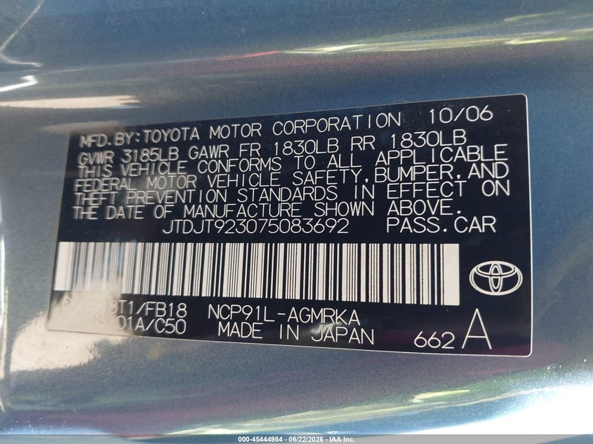 2007 Toyota Yaris VIN JTDJT923075083692 IAAI salvage auction — NORMAL WEAR, Clear-Dealer Only (Arizona), sold $625 on 2026-07-21 (photo 9)