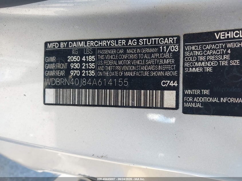 2004 Mercedes-benz C class VIN WDBRN40J84A614155 IAAI salvage auction — SIDE, Salvage - Greater Than 75% (Maryland), sold $300 on 2026-07-16 (photo 9)