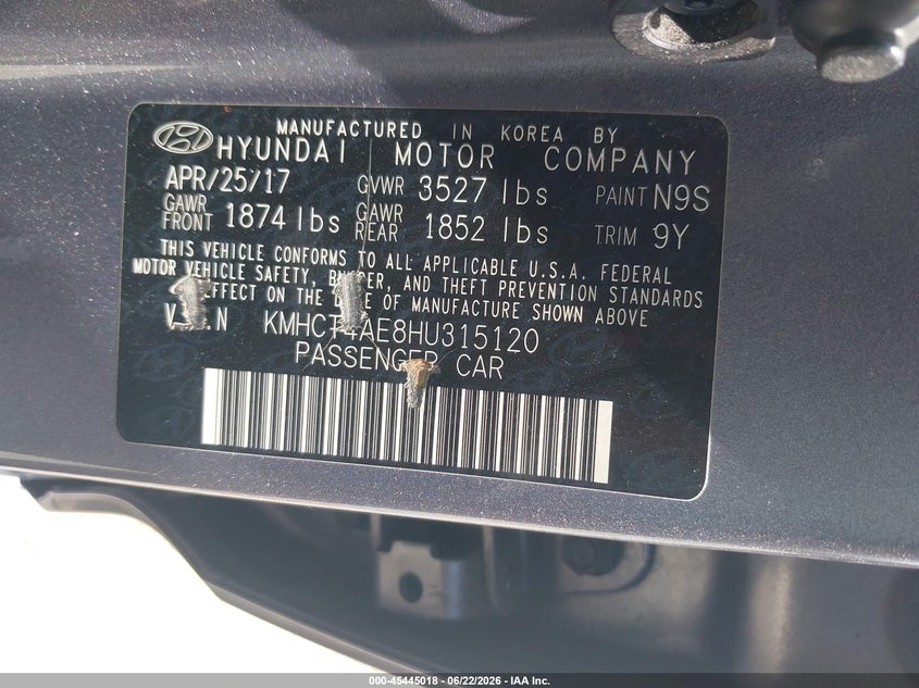 2017 Hyundai Accent VIN KMHCT4AE8HU315120 IAAI salvage auction — FRONT & REAR, Salvage (Georgia), sold $375 on 2026-07-28 (photo 9)