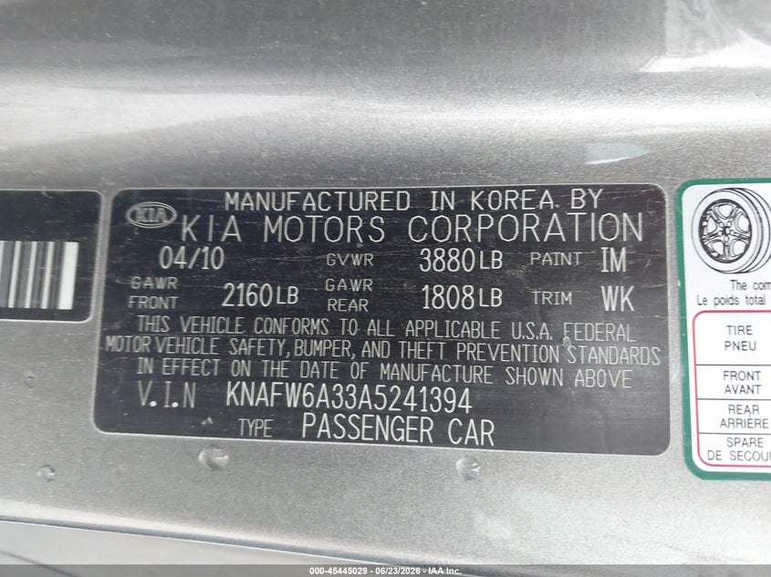 2010 Kia Forte VIN KNAFW6A33A5241394 IAAI salvage auction — REAR END, Certificate Of Title (Nebraska), sold $25 on 2026-07-23 (photo 9)