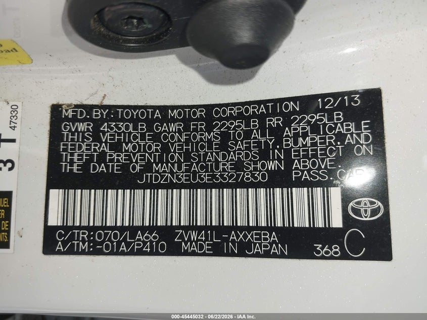 2014 Toyota VIN JTDZN3EU3E3327830 IAAI salvage auction — ROOF, Salvage (Texas), sold $5,225 on 2026-07-15 (photo 9)