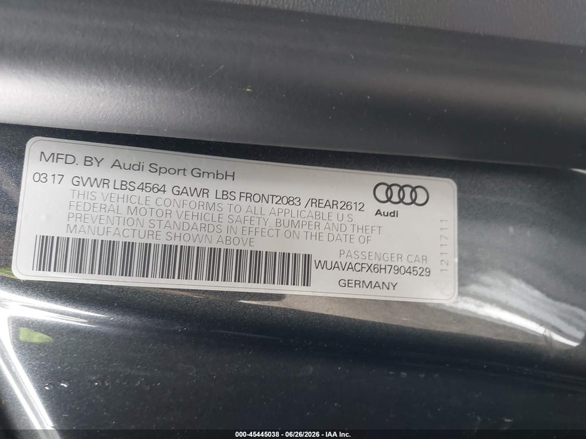 2017 Audi R8 VIN WUAVACFX6H7904529 IAAI salvage auction — REAR END, Wait Title, sold $26,550 on 2026-09-11 (photo 9)