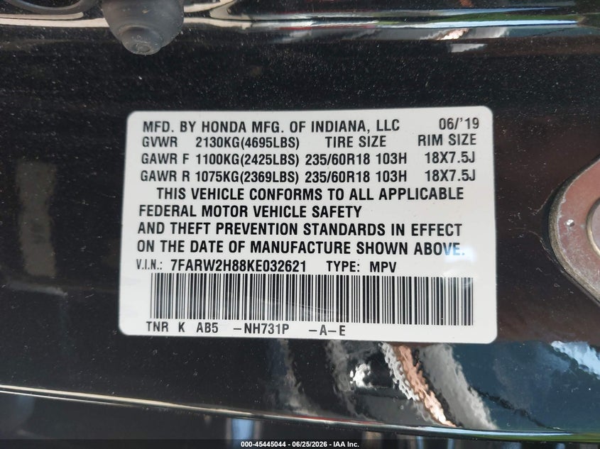 2019 Honda Cr-v VIN 7FARW2H88KE032621 IAAI salvage auction — THEFT, Salvage - Greater Than 75% (Maryland), sold $4,050 on 2026-07-28 (photo 9)