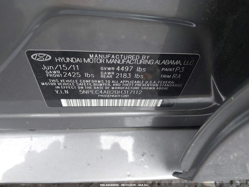 2011 Hyundai Sonata VIN 5NPEC4AB2BH317112 IAAI salvage auction — FRONT END, Mv-907A (New York), sold $450 on 2026-07-07 (photo 9)