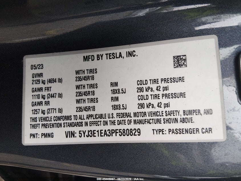 2023 Tesla Model 3 VIN 5YJ3E1EA3PF580829 IAAI salvage auction — FRONT END, Salvage Title, sold $7,900 on 2026-08-21 (photo 9)