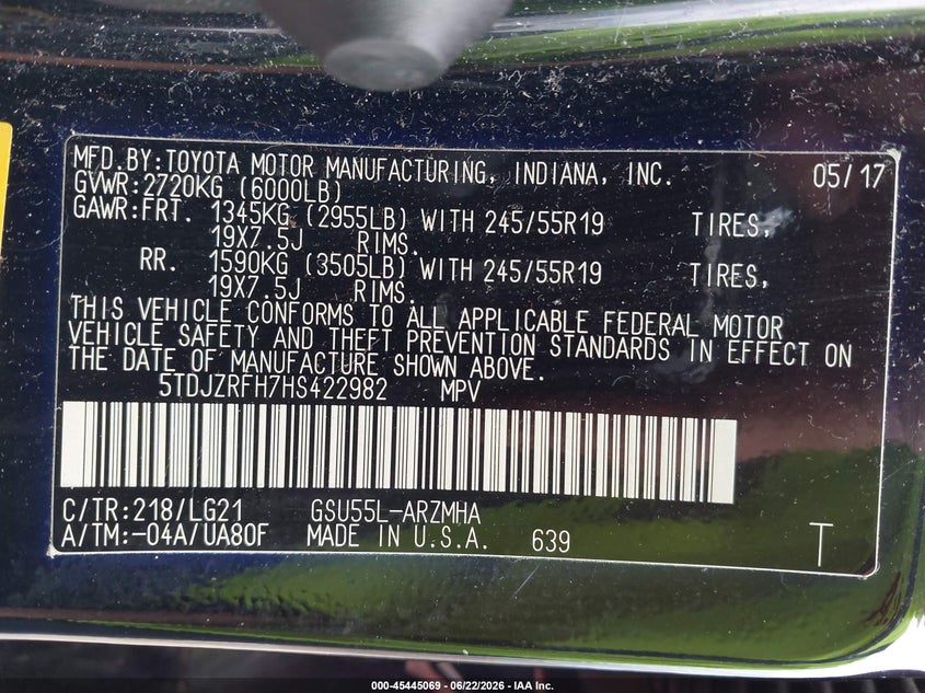 2017 Toyota Highlander VIN 5TDJZRFH7HS422982 IAAI salvage auction — FRONT END, Salvage (Ohio), sold $5,700 on 2026-07-10 (photo 9)