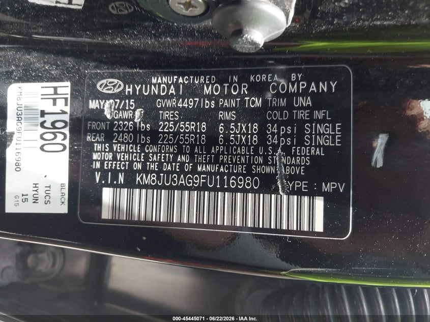 2015 Hyundai Tucson VIN KM8JU3AG9FU116980 IAAI salvage auction — FRONT END, Salvage Title, sold $475 on 2026-07-28 (photo 9)