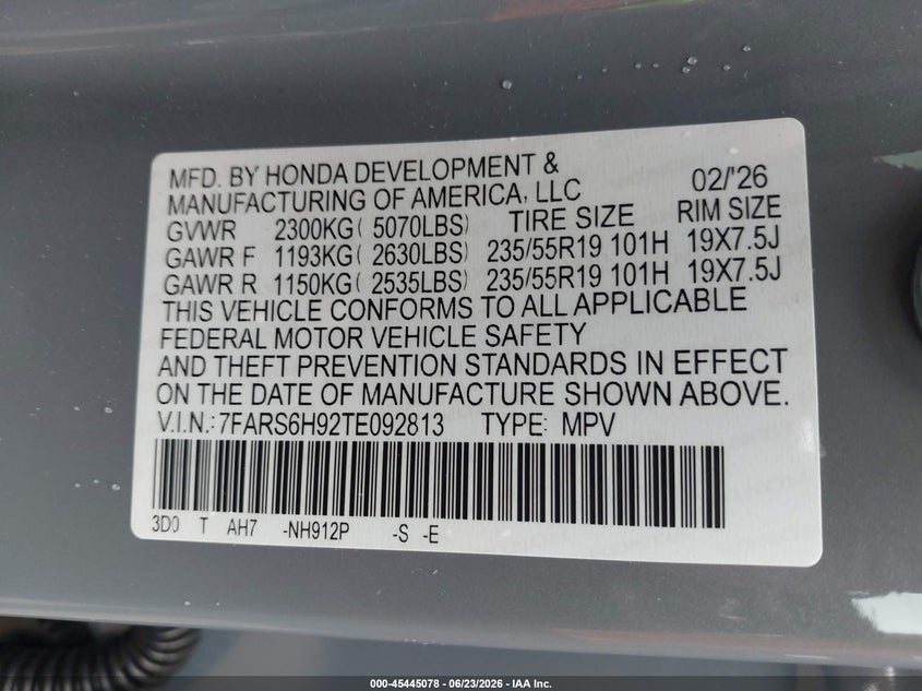 2026 Honda Cr-v VIN 7FARS6H92TE092813 IAAI salvage auction — FRONT END, Salvage (Massachusetts), sold $17,200 on 2026-07-18 (photo 9)