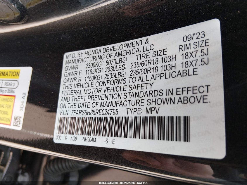 2024 Honda Cr-v VIN 7FARS6H85RE024795 IAAI salvage auction — FRONT END, Salvage (Texas), sold $11,100 on 2026-07-22 (photo 9)