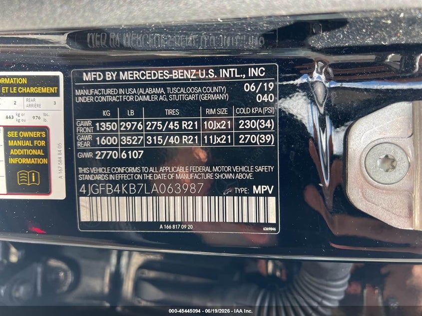 2020 Mercedes-benz Gle VIN 4JGFB4KB7LA063987 IAAI salvage auction — NORMAL WEAR, Clear (Massachusetts), sold $25,750 on 2026-07-22 (photo 9)