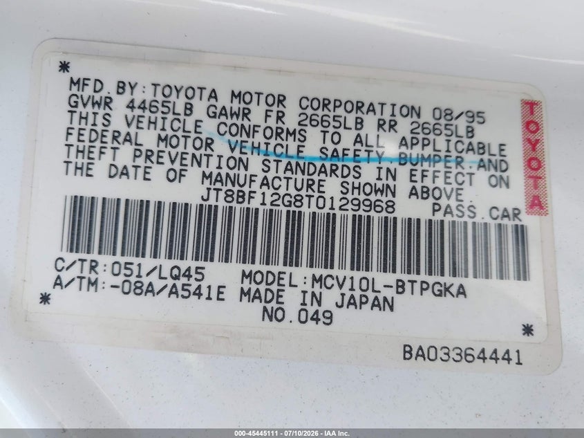 1996 Lexus Es 300 VIN JT8BF12G8T0129968 IAAI salvage auction — RIGHT FRONT, Salvage (Texas), sold $100 on 2026-07-28 (photo 9)