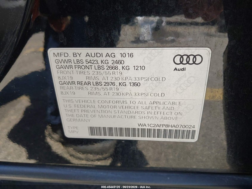 2017 Audi Q5 VIN WA1C2AFP8HA070024 IAAI salvage auction — FRONT END, Salvage Title, sold $2,475 on 2026-07-28 (photo 9)