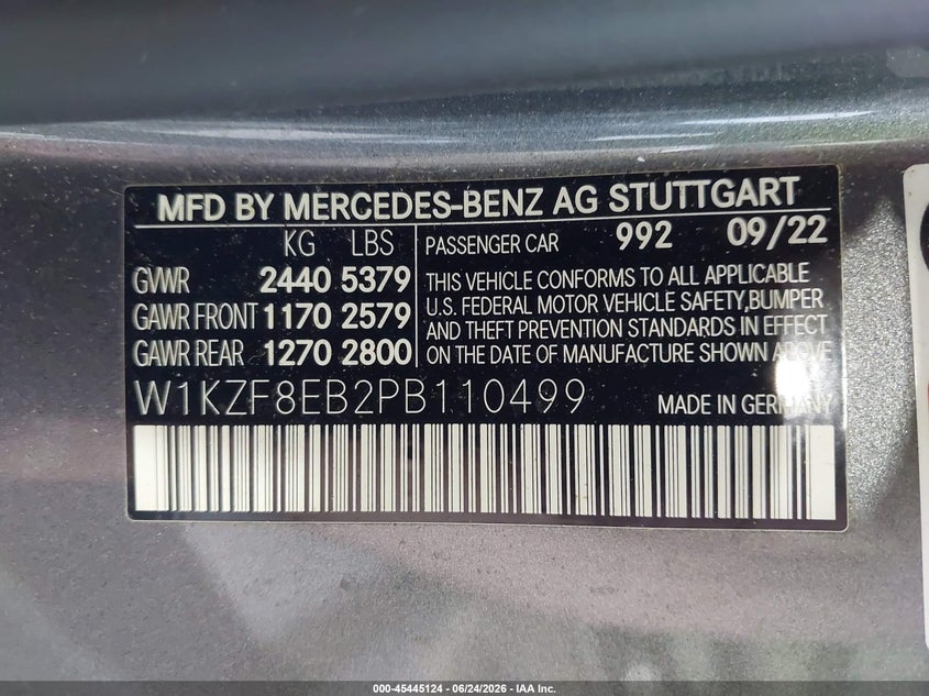2023 Mercedes-benz E-klasse VIN W1KZF8EB2PB110499 IAAI salvage auction — RIGHT FRONT, Salvage Title, sold $17,050 on 2026-07-22 (photo 9)