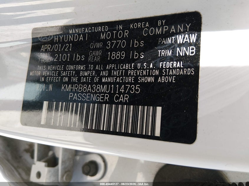 2021 Hyundai Venue VIN KMHRB8A38MU114735 IAAI salvage auction — FRONT END, Salvage (South Carolina), sold $2,900 on 2026-07-28 (photo 9)
