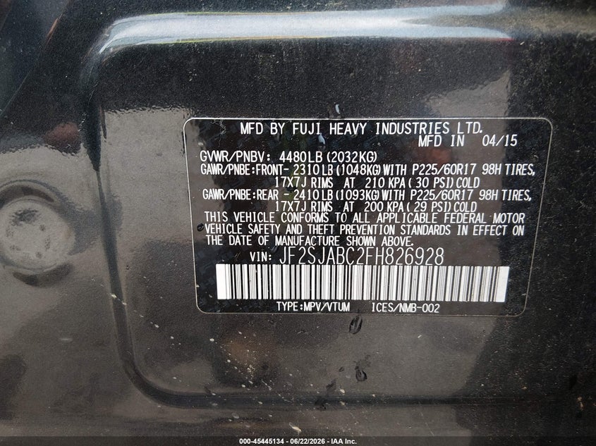 2015 Subaru Forester VIN JF2SJABC2FH826928 IAAI salvage auction — FRONT & REAR, Salvage - Greater Than 75% (Maryland), sold $750 on 2026-07-23 (photo 9)