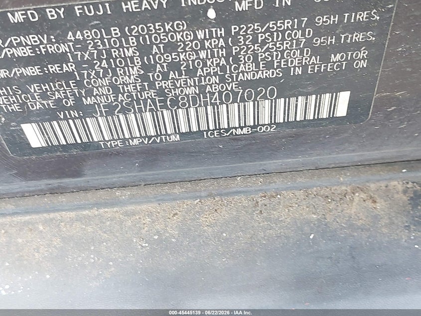 2013 Subaru Forester VIN JF2SHAEC8DH407020 IAAI salvage auction — MECHANICAL, Original (Texas), sold $325 on 2026-07-17 (photo 9)