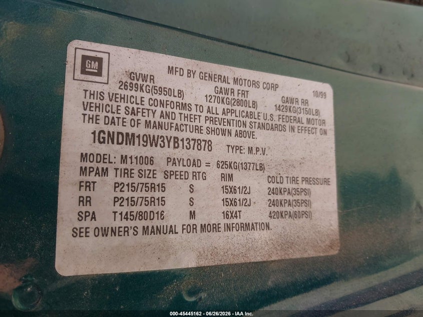 2000 Chevrolet Astro VIN 1GNDM19W3YB137878 IAAI salvage auction — NORMAL WEAR, Clear - Dealer Only (California), sold $2,025 on 2026-07-07 (photo 9)