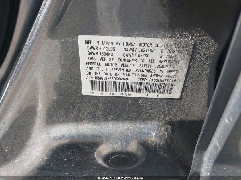 2013 Honda Fit VIN JHMGE8H33DC069491 IAAI salvage auction — FRONT END, Junk Bill Of Sale Mv2459 (Wisconsin), sold $650 on 2026-07-21 (photo 9)