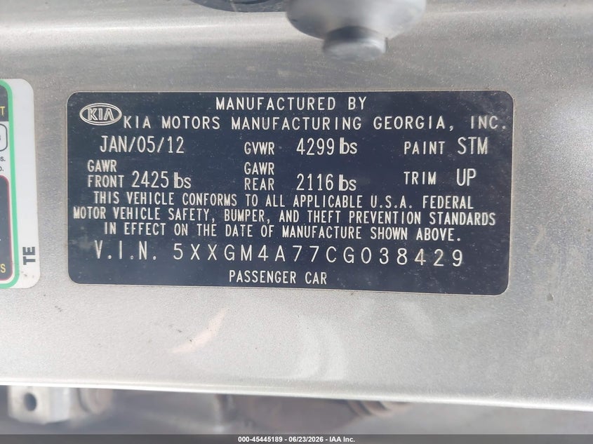 2012 Kia Optima VIN 5XXGM4A77CG038429 IAAI salvage auction — FRONT END, Salvage Title, sold $525 on 2026-07-28 (photo 9)