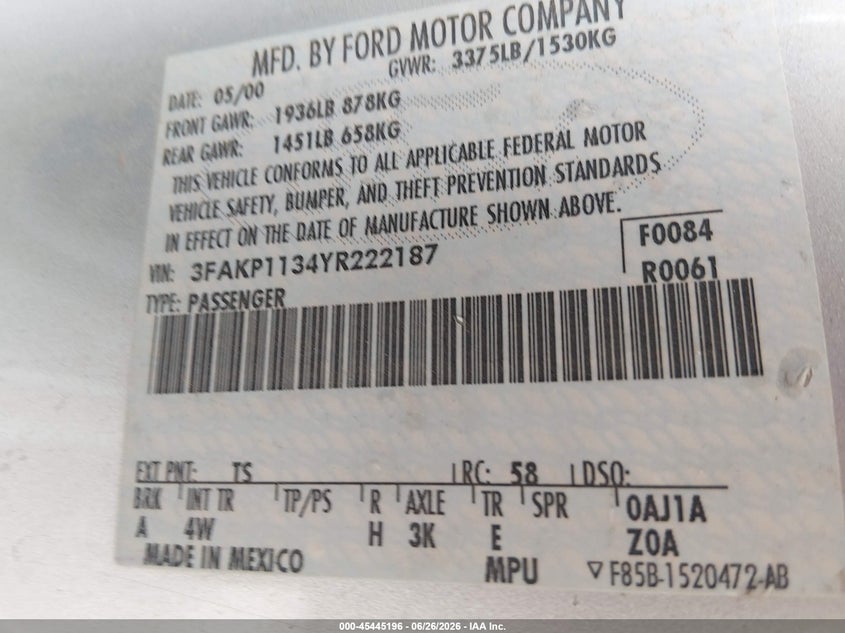 2000 Ford Escort VIN 3FAKP1134YR222187 IAAI salvage auction — NORMAL WEAR, Clear (Colorado), sold $150 on 2026-07-07 (photo 9)