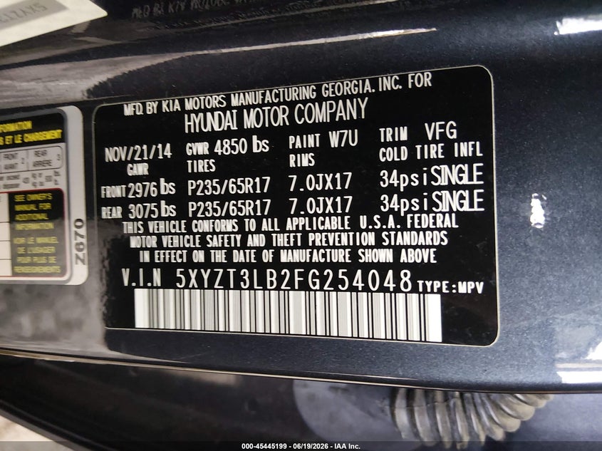2015 Hyundai Santa fe VIN 5XYZT3LB2FG254048 IAAI salvage auction — NORMAL WEAR, Clear (Tennessee), sold $1,850 on 2026-07-13 (photo 9)