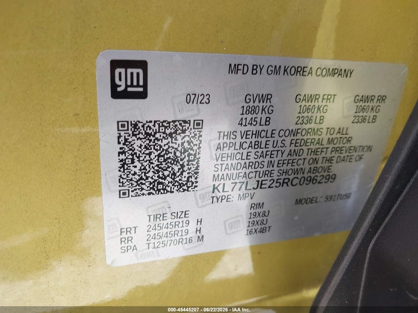 2024 Chevrolet Trax VIN KL77LJE25RC096299 IAAI salvage auction — FRONT & REAR, Rebuildable (Florida), sold $7,675 on 2026-07-24 (photo 9)