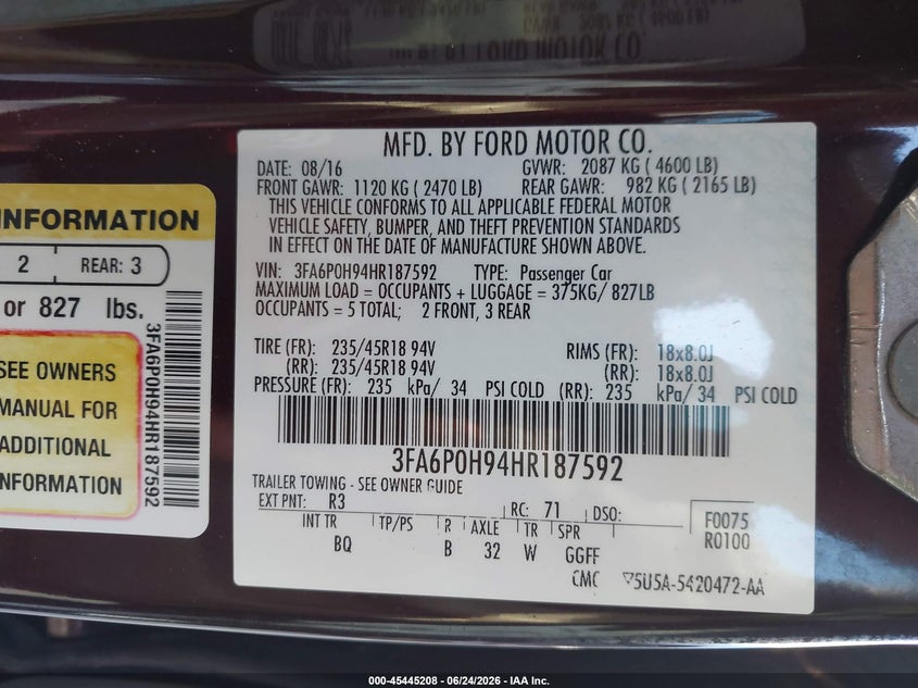 2017 Ford Fusion VIN 3FA6P0H94HR187592 IAAI salvage auction — FRONT END, Salvage (California), sold $2,300 on 2026-07-09 (photo 9)