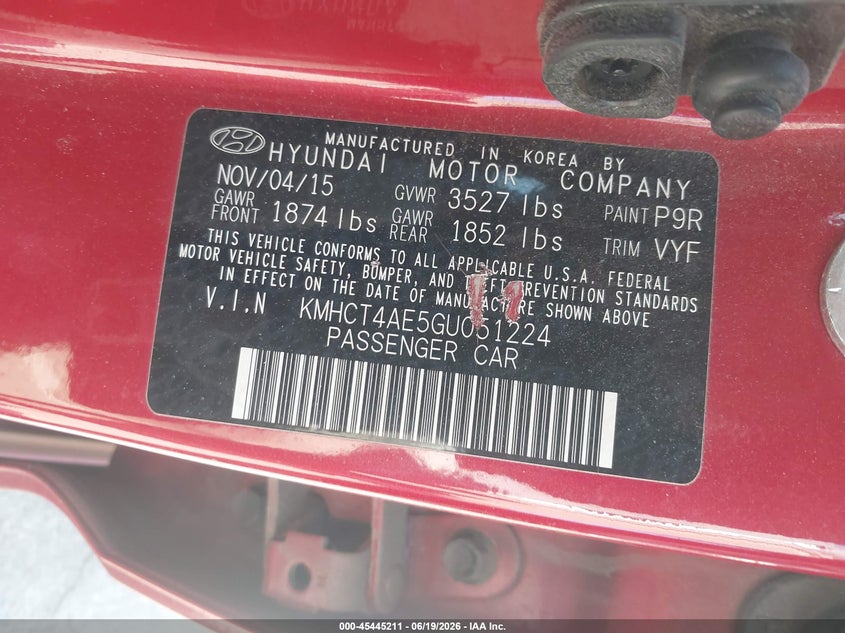 2016 Hyundai Accent VIN KMHCT4AE5GU051224 IAAI salvage auction — NORMAL WEAR, Clear - Dealer Only (California), sold $600 on 2026-07-07 (photo 9)