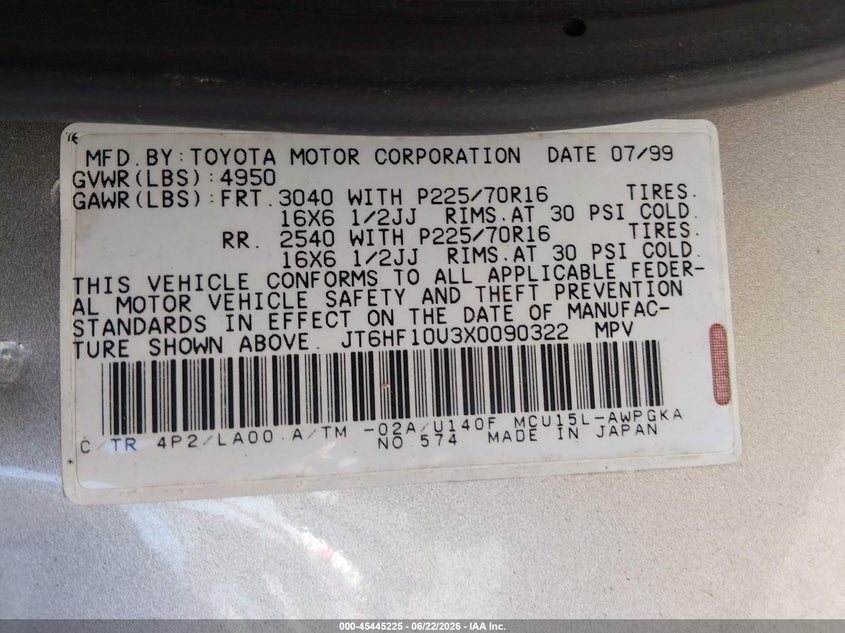 1999 Lexus Rx VIN JT6HF10U3X0090322 IAAI salvage auction — NORMAL WEAR, Clear (Washington), sold $525 on 2026-07-08 (photo 9)