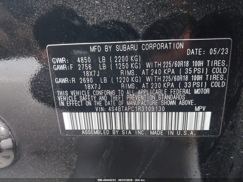 2024 Subaru Outback VIN 4S4BTAPC1R3109130 IAAI salvage auction — FRONT & REAR, Salvage Title, sold $11,800 on 2026-07-19 (photo 9)