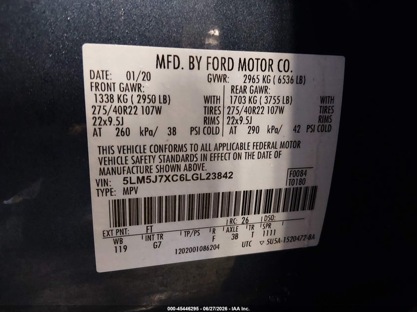 2020 Lincoln Aviator VIN 5LM5J7XC6LGL23842 IAAI salvage auction — FRONT END, Salvage (Idaho), sold $7,000 on 2026-07-20 (photo 9)