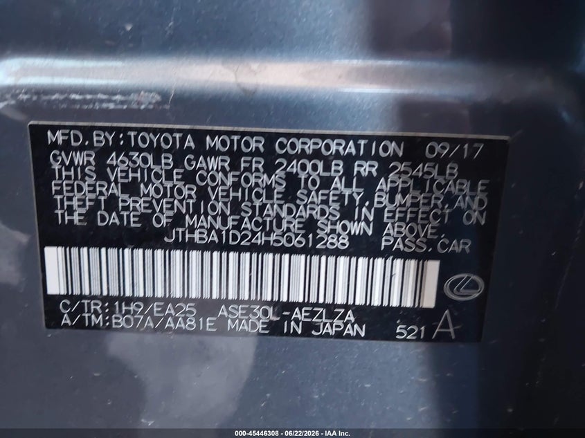 2017 Lexus Is VIN JTHBA1D24H5061288 IAAI salvage auction — LEFT SIDE, Salvage Title, sold $25 on 2026-08-27 (photo 9)