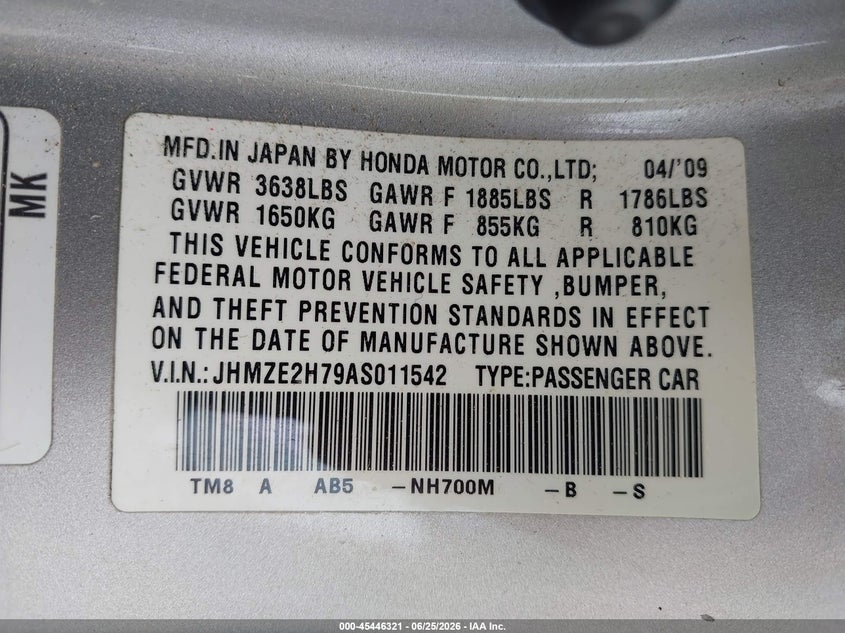 2010 Honda Insight VIN JHMZE2H79AS011542 IAAI salvage auction — FRONT END, Salvage (Ohio), sold $25 on 2026-07-16 (photo 9)
