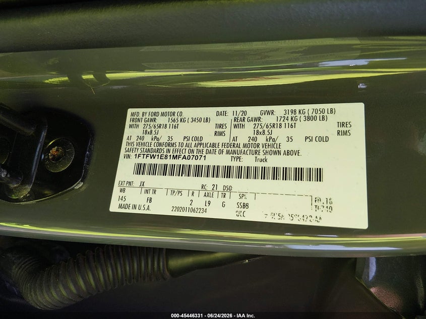 2021 Ford F-150 VIN 1FTFW1E81MFA07071 IAAI salvage auction — FRONT END, Salvage (South Carolina), sold $11,200 on 2026-07-22 (photo 9)