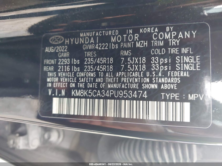 2023 Hyundai Kona VIN KM8K5CA34PU953474 IAAI salvage auction — FRONT END, Salvage - Greater Than 75% (Maryland), sold $4,200 on 2026-07-16 (photo 9)