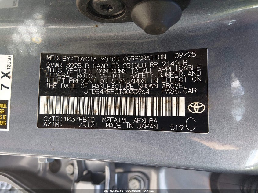 2026 Toyota Corolla VIN JTDB4MEE0T3033964 IAAI salvage auction — FRONT END, Bill Of Sale (Washington), sold $3,550 on 2026-07-29 (photo 9)