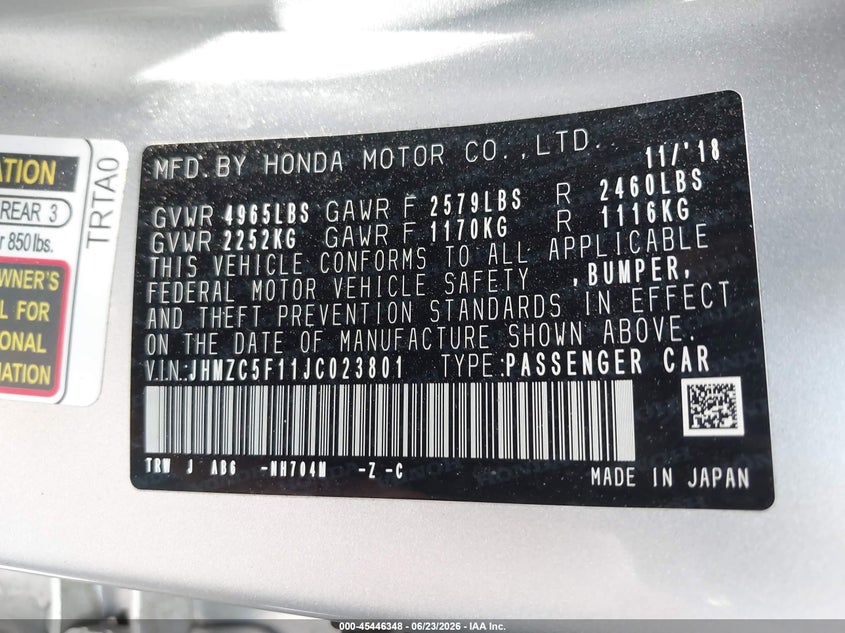 2018 Honda Clarity VIN JHMZC5F11JC023801 IAAI salvage auction — FRONT END, Salvage Title, sold $3,350 on 2026-07-22 (photo 9)