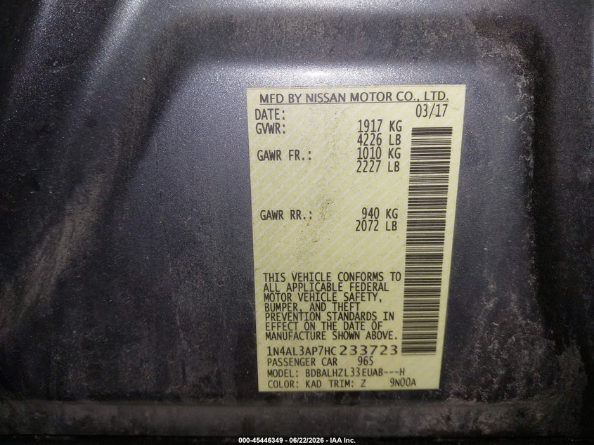 2017 Nissan Altima VIN 1N4AL3AP7HC233723 IAAI salvage auction — FRONT END, Salvage (Maine), sold $400 on 2026-09-13 (photo 9)