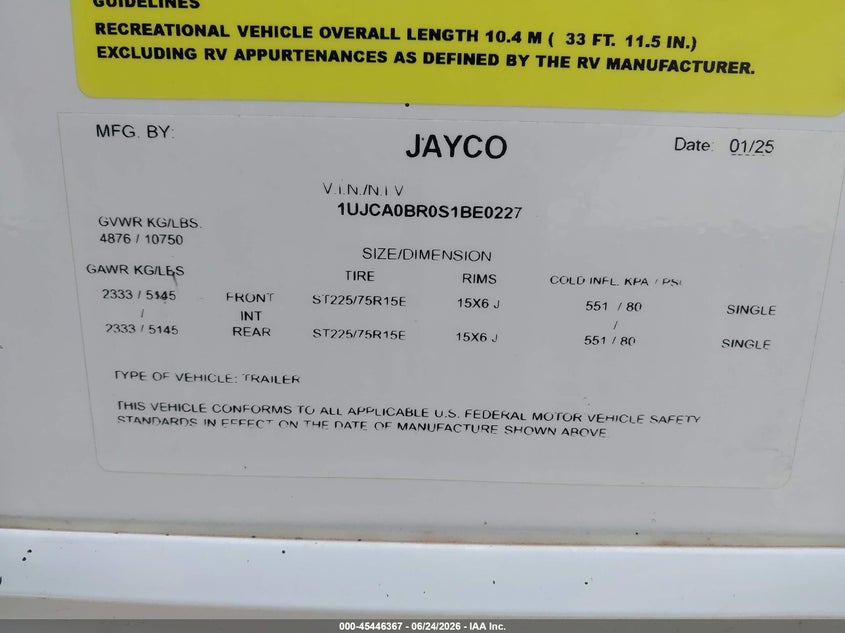 2025 Jayco Eagle VIN 1UJCA0BR0S1BE0227 IAAI salvage auction — STORM DAMAGE, Salvage (Nebraska), sold $13,450 on 2026-08-13 (photo 9)