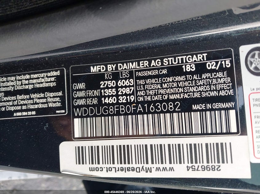 2015 Mercedes-benz S-klasse VIN WDDUG8FB0FA163082 IAAI salvage auction — FRONT END, Salvage Title, sold $6,600 on 2026-08-13 (photo 9)