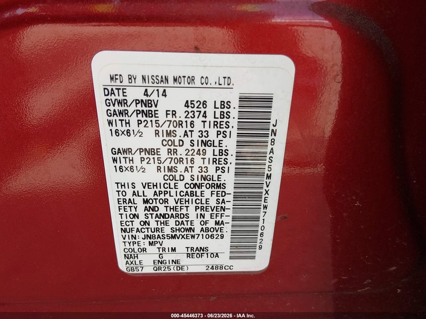 2014 Nissan Rogue VIN JN8AS5MVXEW710629 IAAI salvage auction — NORMAL WEAR, Clear (Washington), sold $375 on 2026-07-15 (photo 9)