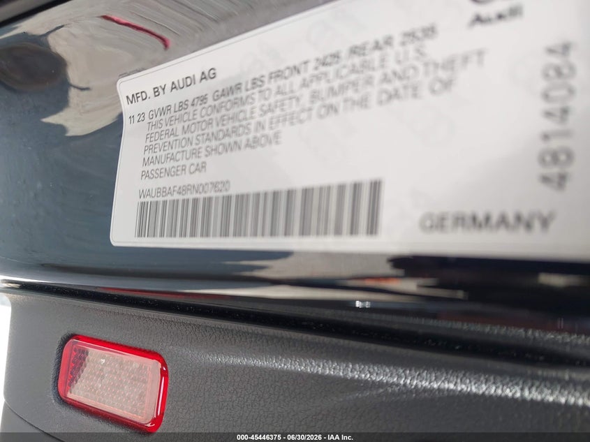 2024 Audi A4 VIN WAUBBAF48RN007620 IAAI salvage auction — FRONT END, Salvage (North Carolina), sold $11,600 on 2026-07-29 (photo 9)