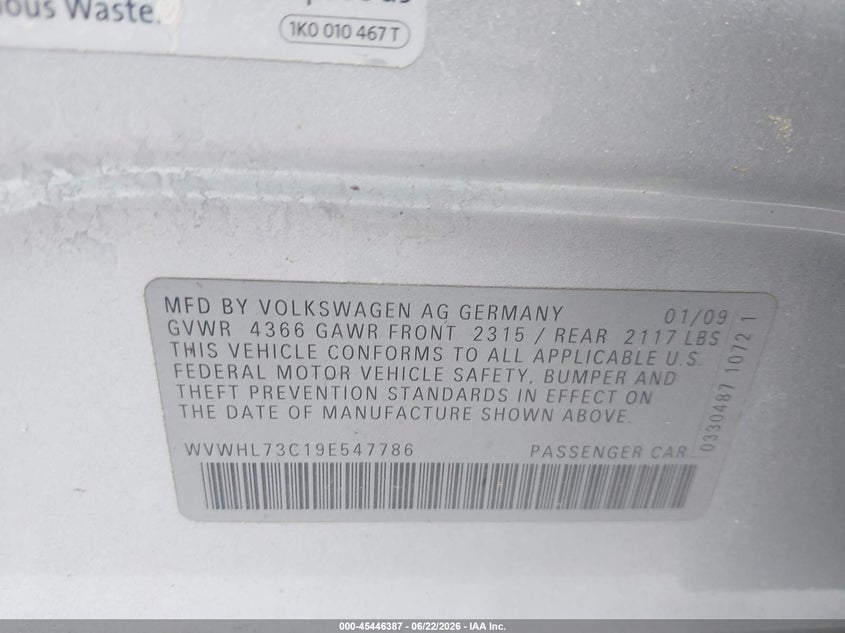 2009 Volkswagen Passat cc VIN WVWHL73C19E547786 IAAI salvage auction — REPOSSESSION, Clear (Florida), sold $325 on 2026-07-22 (photo 9)