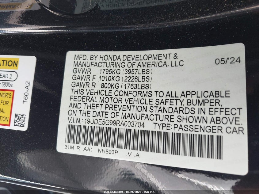 2024 Acura Integra VIN 19UDE5G99RA003704 IAAI salvage auction — FRONT END, Salvage Title, sold $6,000 on 2026-07-23 (photo 9)