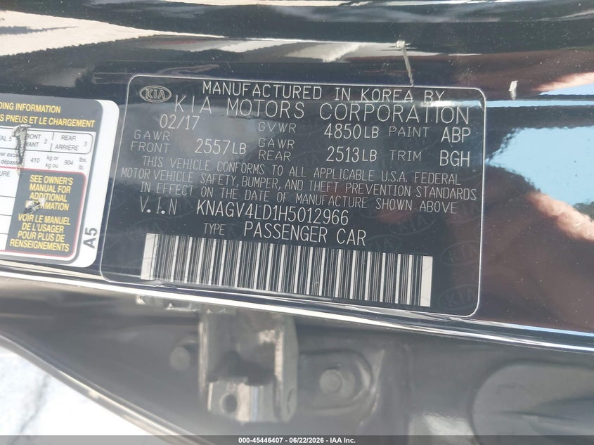 2017 Kia Optima hybrid VIN KNAGV4LD1H5012966 IAAI salvage auction — NORMAL WEAR, Clear - Dealer Only (California), sold $1,250 on 2026-07-14 (photo 9)