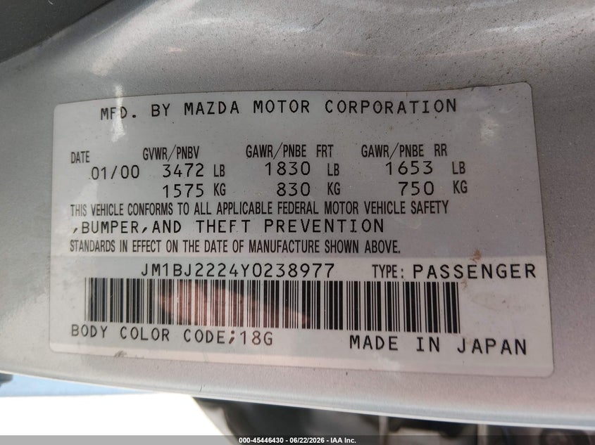 2000 Mazda Protege VIN JM1BJ2224Y0238977 IAAI salvage auction — FRONT END, Salvage (Utah), sold $275 on 2026-07-16 (photo 9)