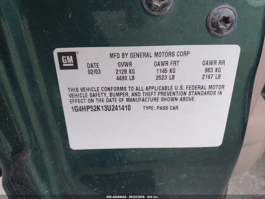 2003 Buick Lesabre VIN 1G4HP52K13U241410 IAAI salvage auction — SIDE, Certificate Of Title (Nebraska), sold $500 on 2026-07-19 (photo 9)